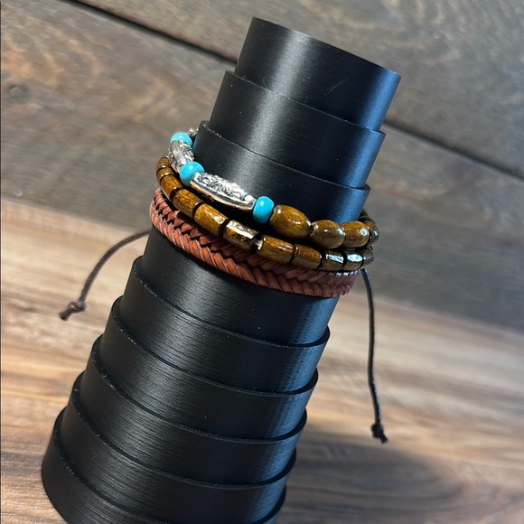 Brown Silver & Turquoise Beaded & Braided Bracelet Set of 3 - Picture 6 of 6